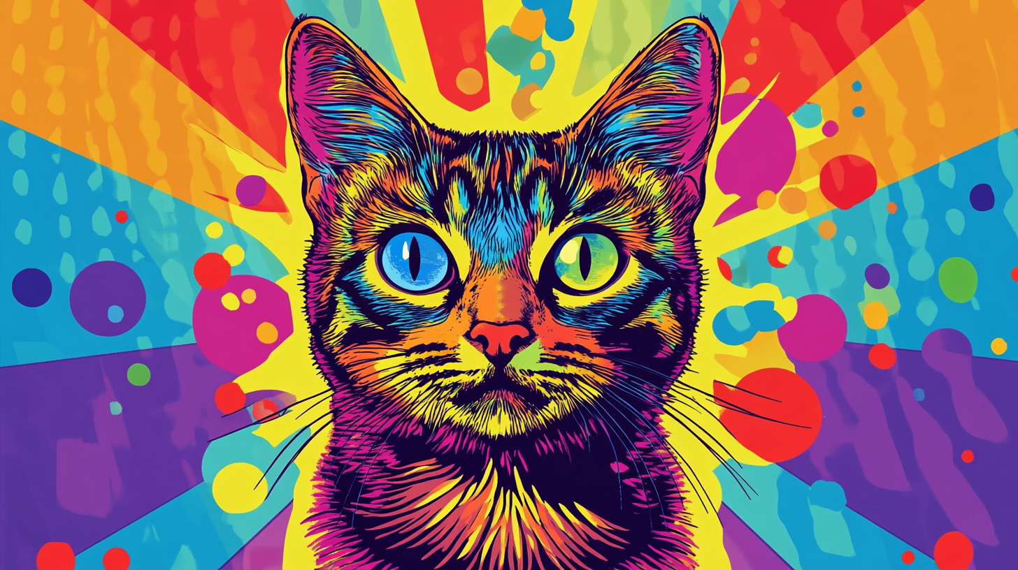 Colorful Bodhisattva cat illustration with graphic design elements.