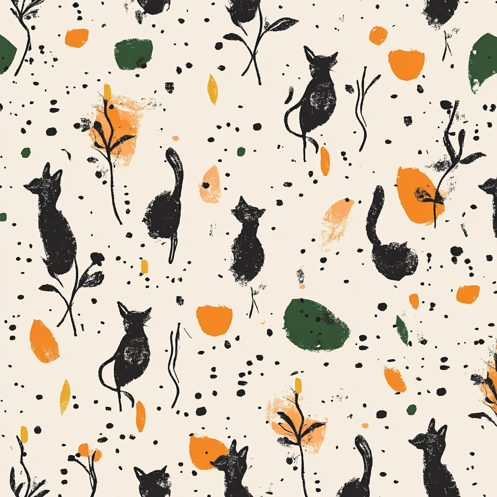 Colorful Cat and Floral Pattern on Beige Background