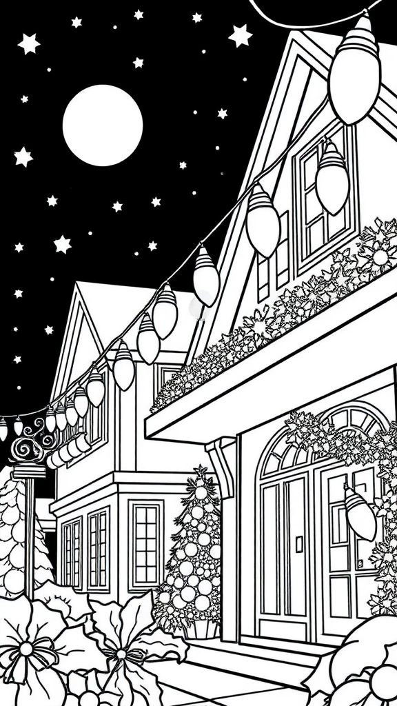 Colorful Christmas lights in a coloring book.