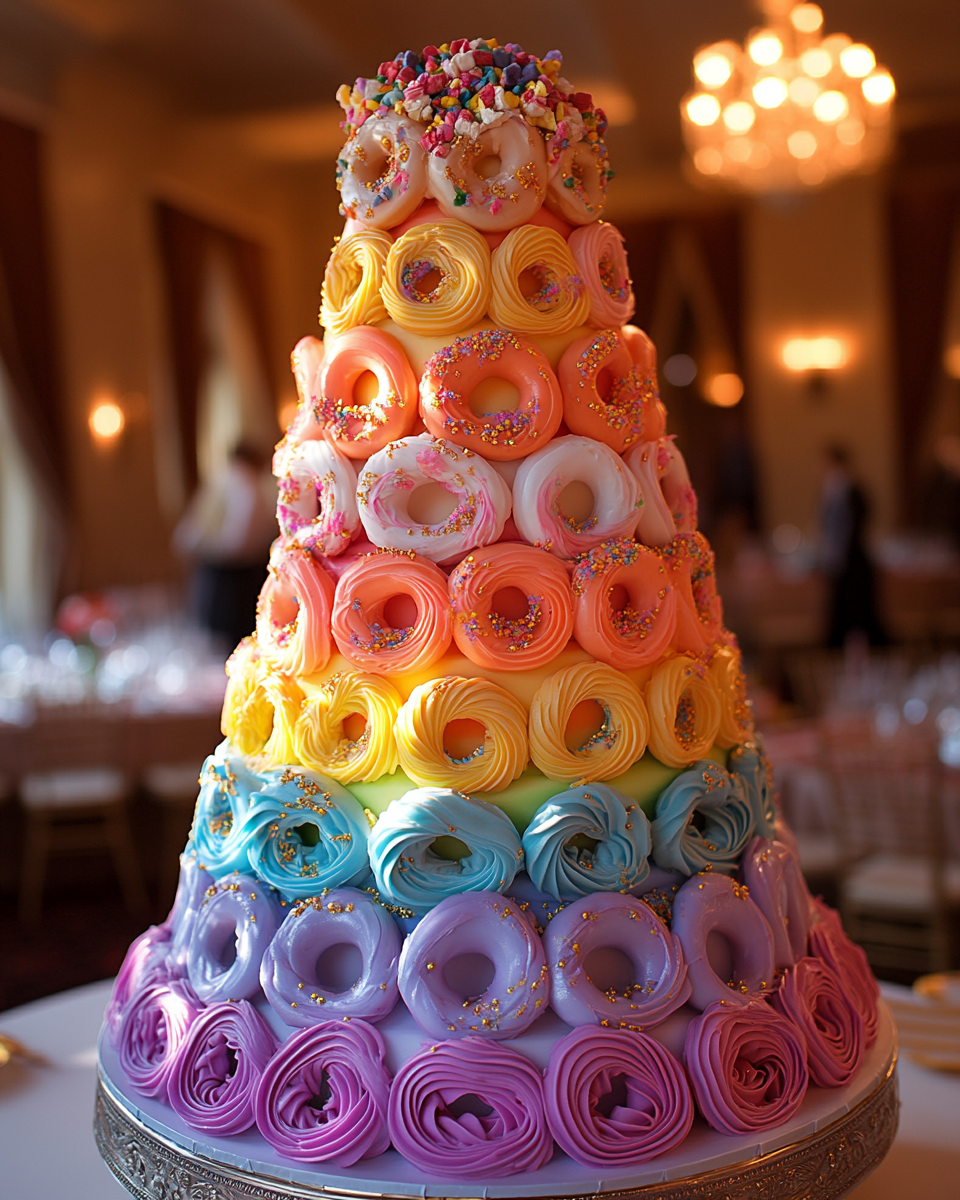 Colorful Doughnut Wedding Cake on Pedestal Stand