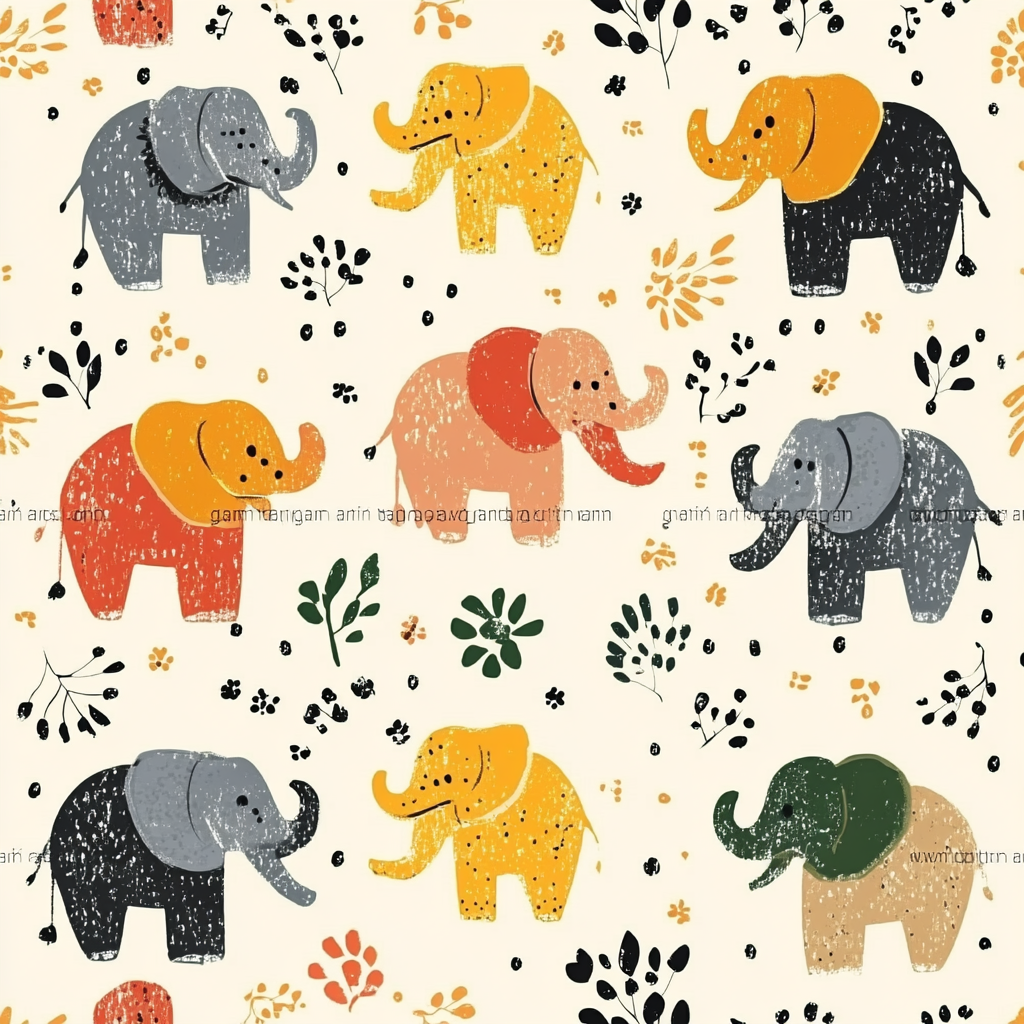 Colorful Elephant Floral Pattern with Earthy Tones