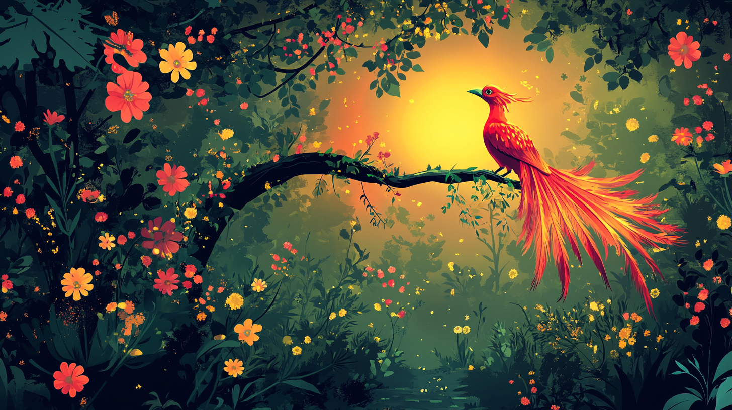 Colorful Fairy Tale Forest with Firebird and Flowers