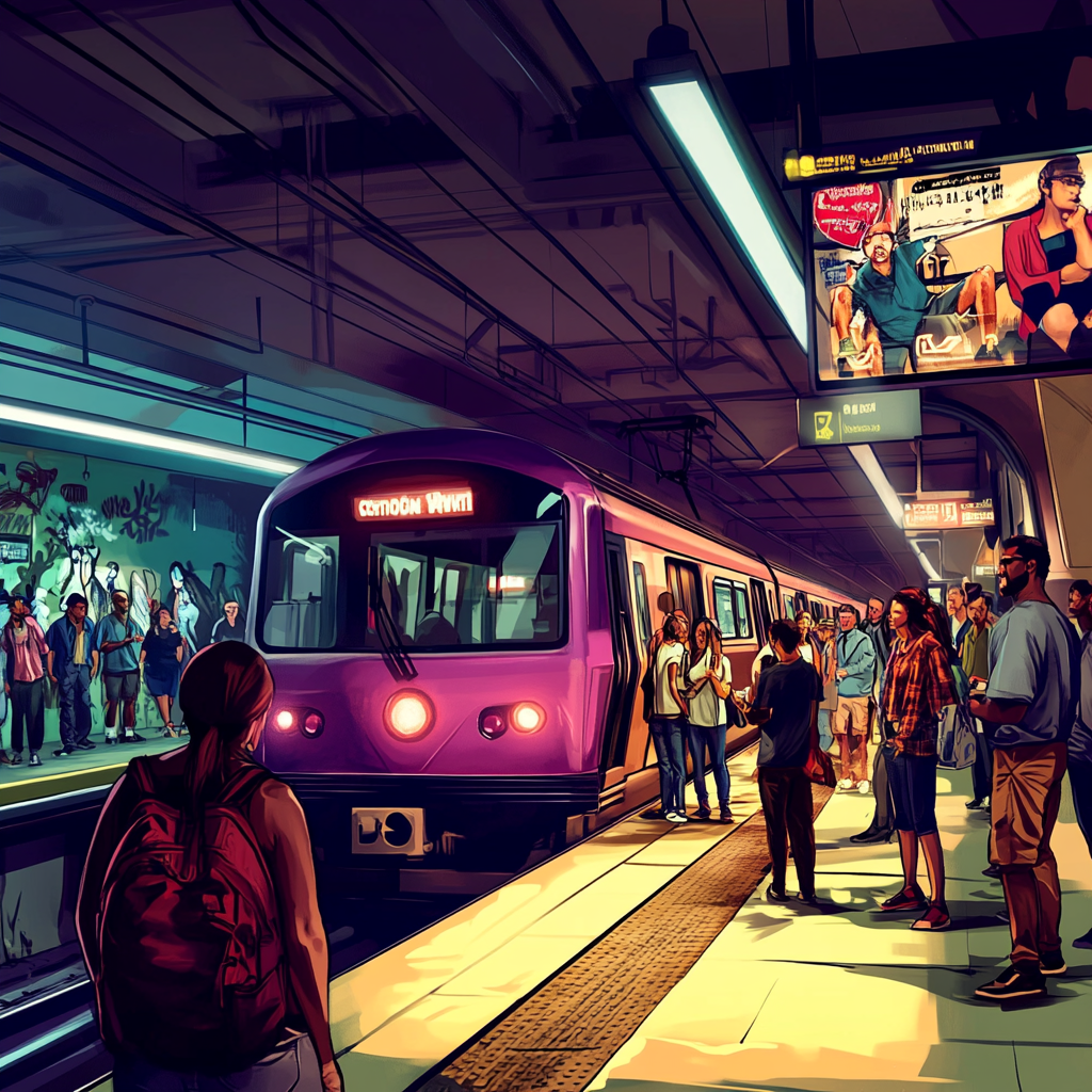 Colorful GTA V style metro station with diverse crowd.