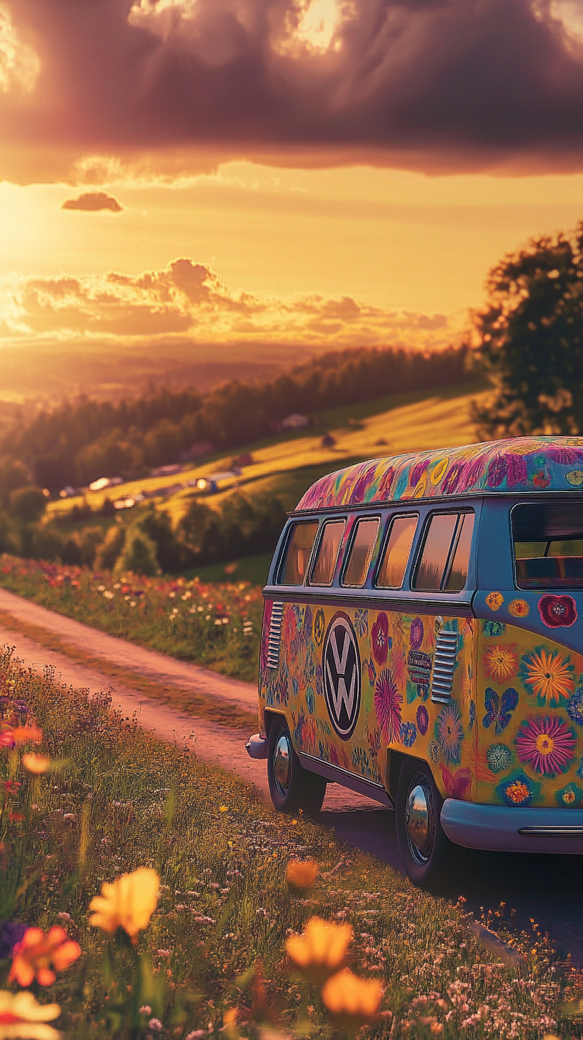 Colorful Hippie Van Driving to Woodstock