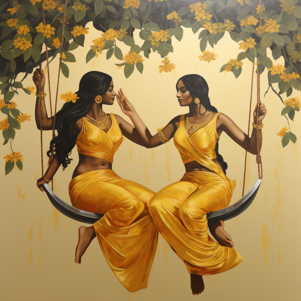 Colorful Indian Girls Swinging Under Mango Tree Painting