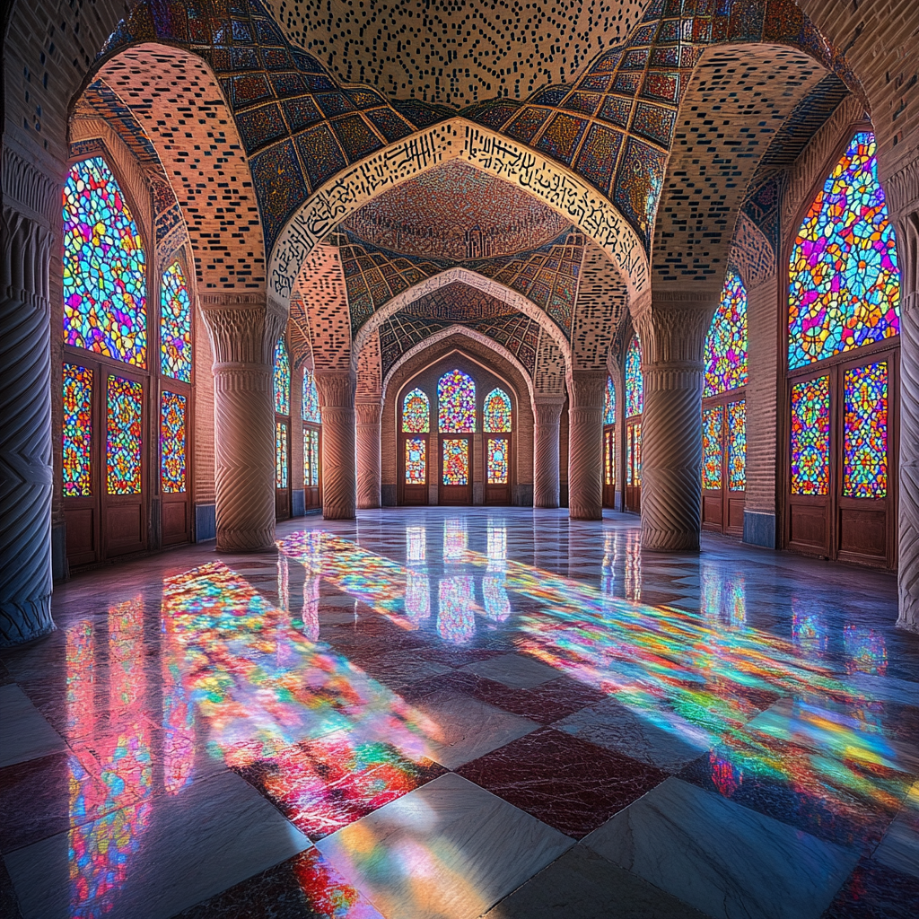 Colorful Iranian mosque interior with stained-glass windows reflections.