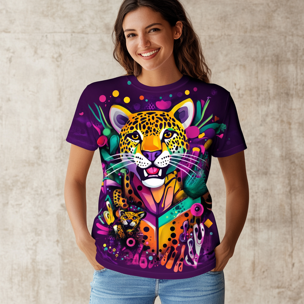 Colorful Jaguar T-Shirt with Cartoon Design and Geometric Details.