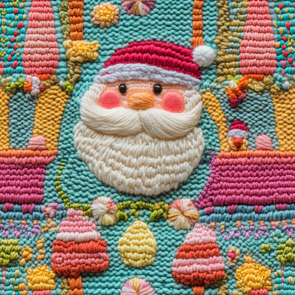 Colorful Knitted Santa Claus Fabric with Embroidered Details