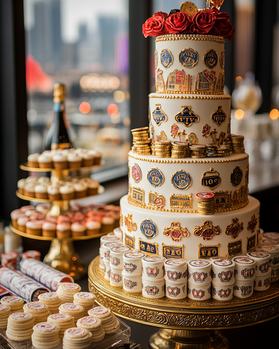 Colorful Las Vegas themed wedding cake with treats