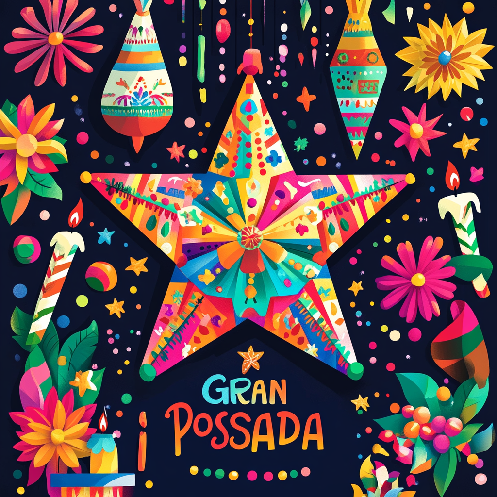 Colorful Mexican Posada poster with festive elements.