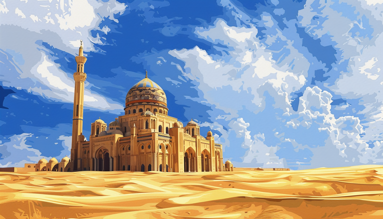 Colorful Mosque in Desert at Noon - Digital Art