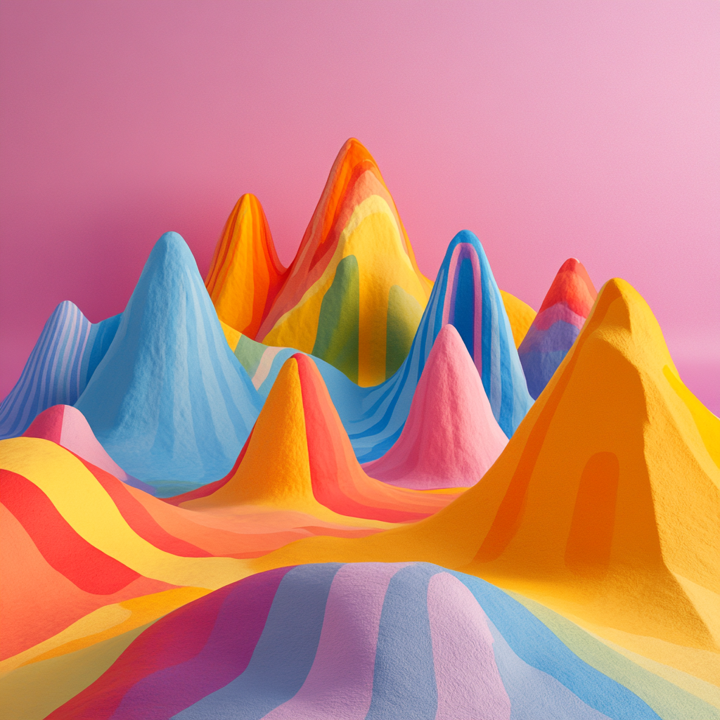 Colorful Mountain Landscape on Magenta Background, Wide Angle