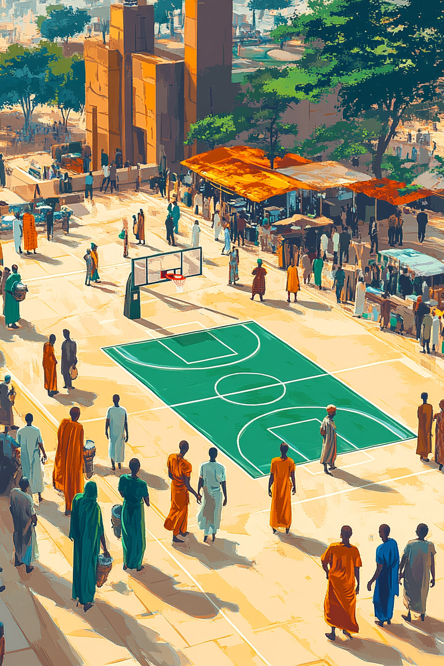 Colorful Nigerian culture captured in Abuja cityscape with basketball.