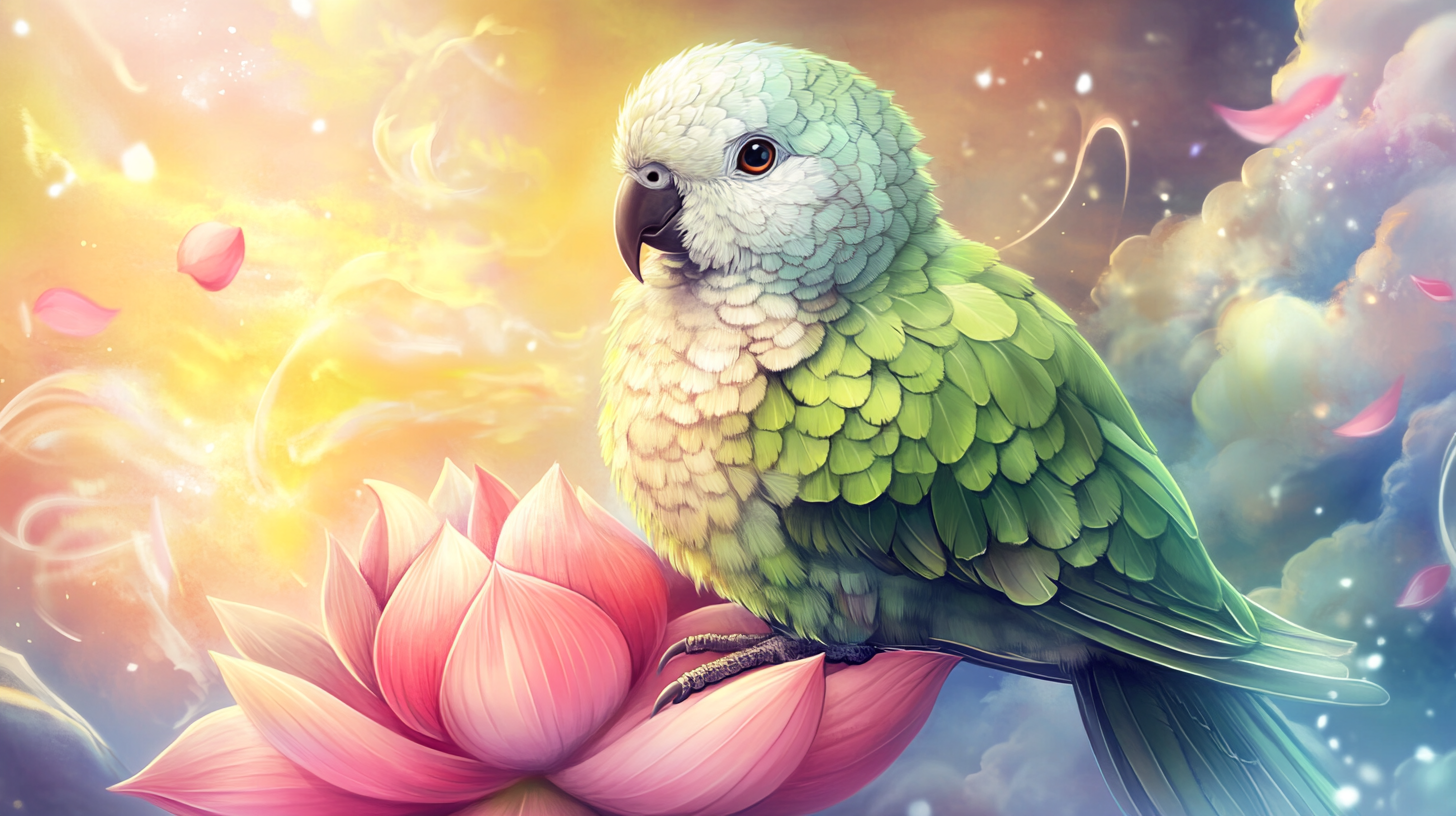 Colorful Quaker Parrot Bodhisattva illustration on vivid landscape.