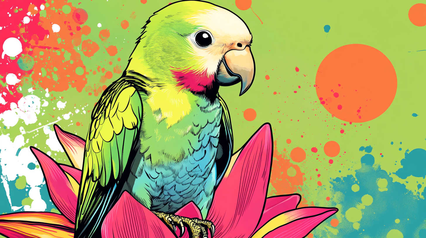 Colorful Quaker Parrot on lotus flower in vibrant artwork.