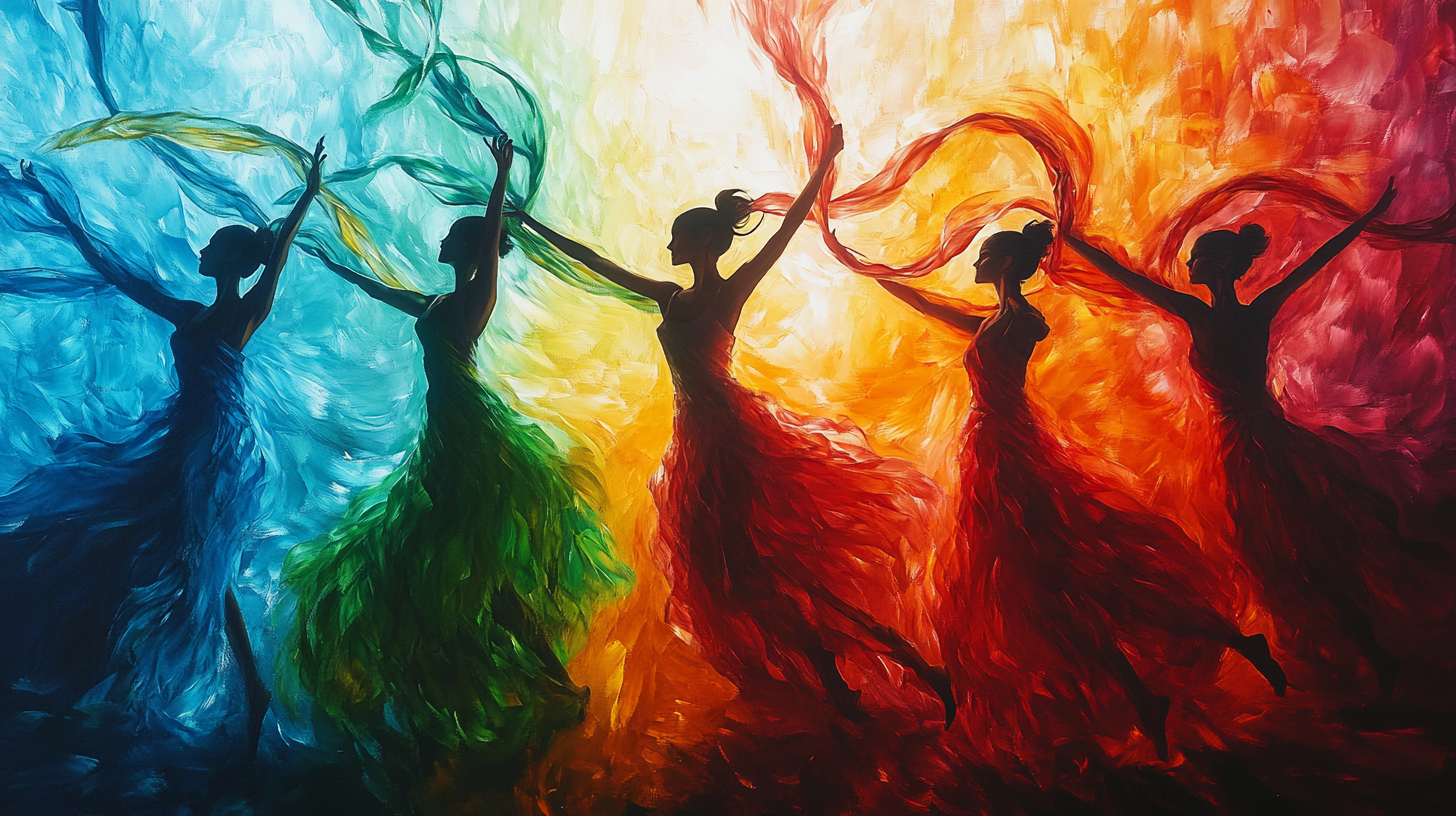 Colorful Ribbon Dancers Symbolize Universe Creation Energy Art