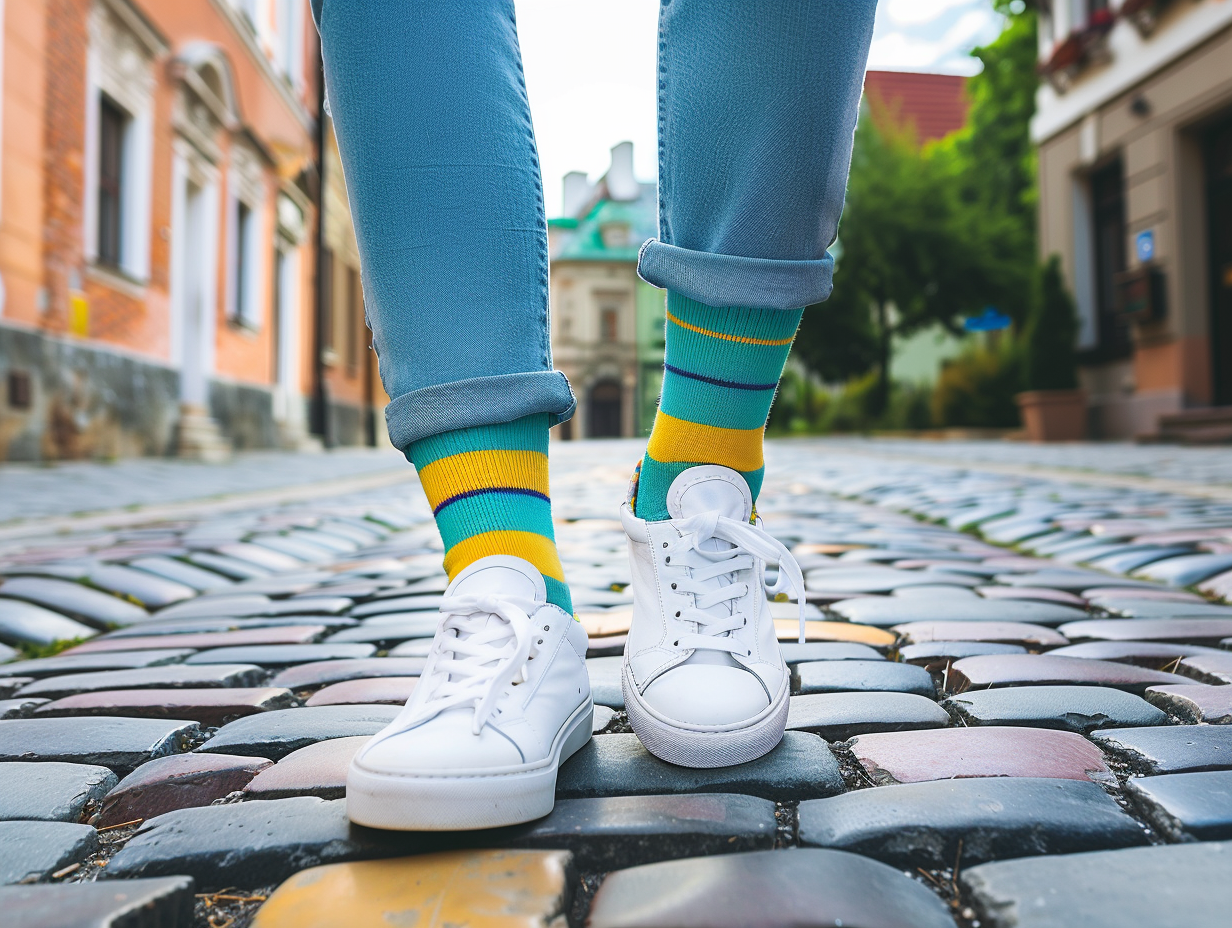 Colorful Socks Paired with Sneakers on Cobblestone Street