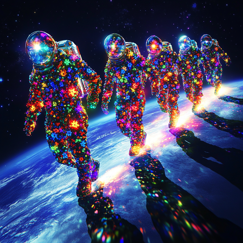 Colorful Stained Glass Female Astronauts in Space