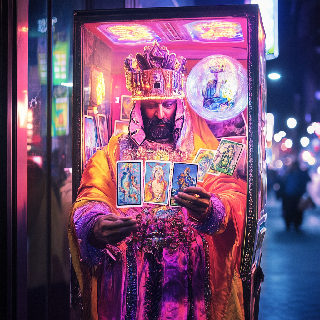 Colorful Zoltar machine in bustling city offers art fortunes.