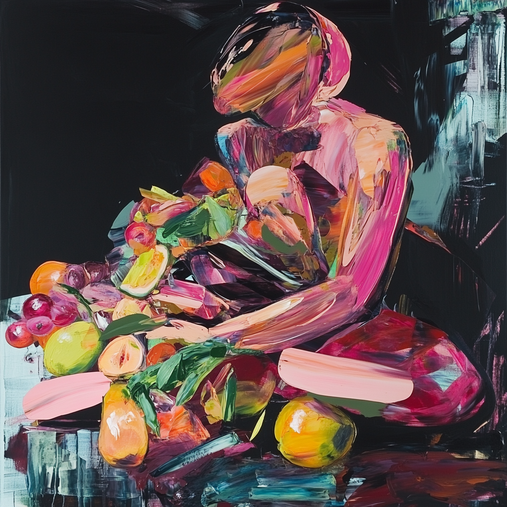 Colorful abstract painting with blurred female figure on fruit.