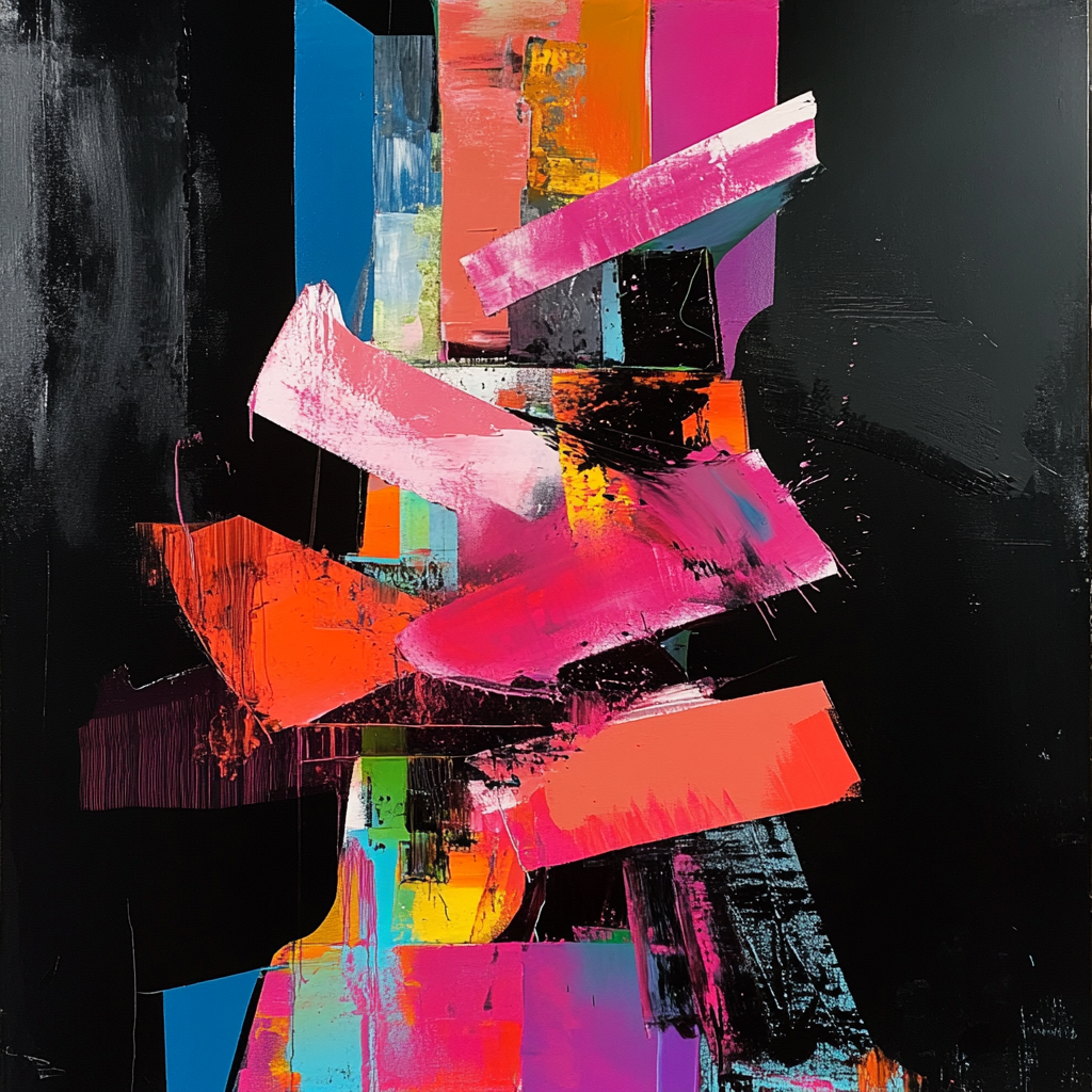 Colorful abstract painting with pink strokes on black background.