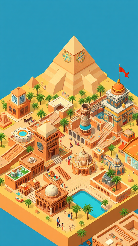 Colorful ancient and modern Cairo in isometric view.