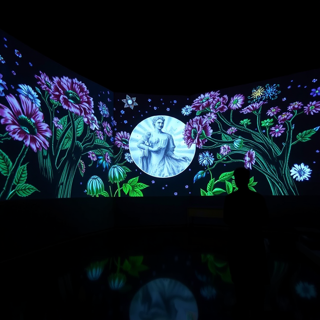 Colorful artistic projection mapping with no people present.