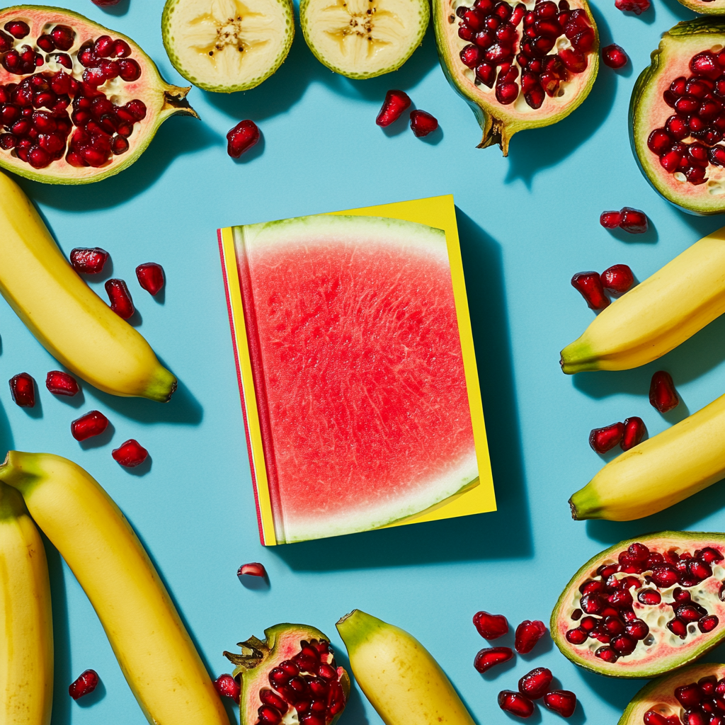 Colorful background with fresh fruits, minimal top half.