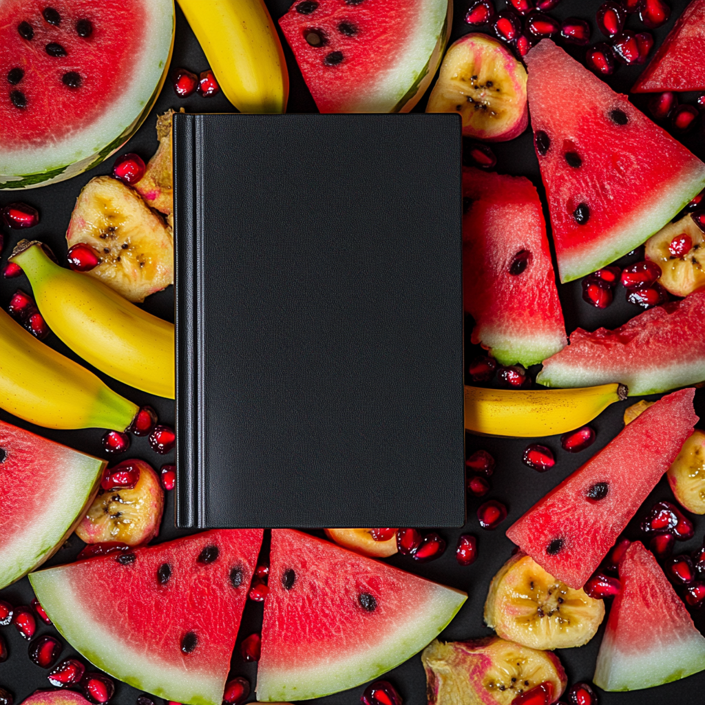 Colorful background with fruit slices, book stand out.