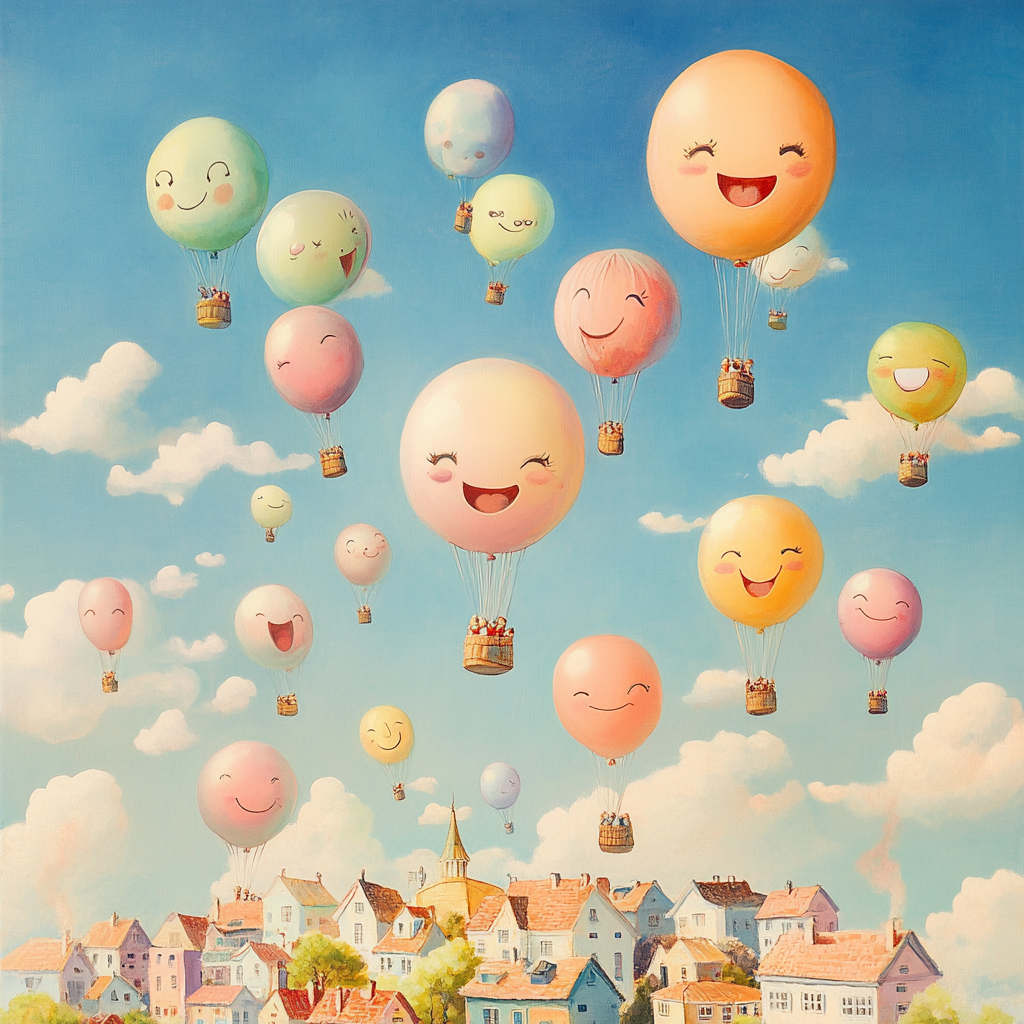 Colorful balloons lift villages, sky painted soft pastel.