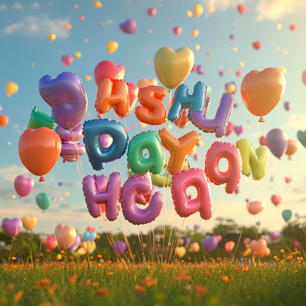 Colorful balloons shaped like English letters fill sky.