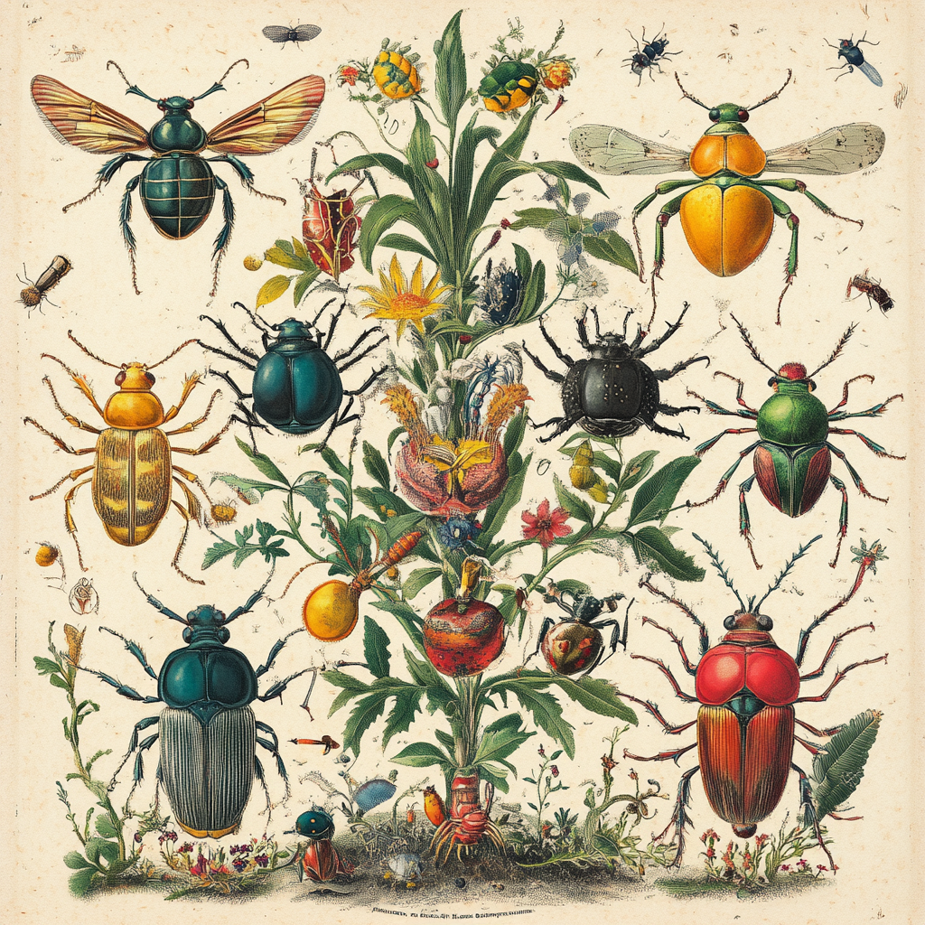 Colorful beetles and various plants in Merian Sybilla style.