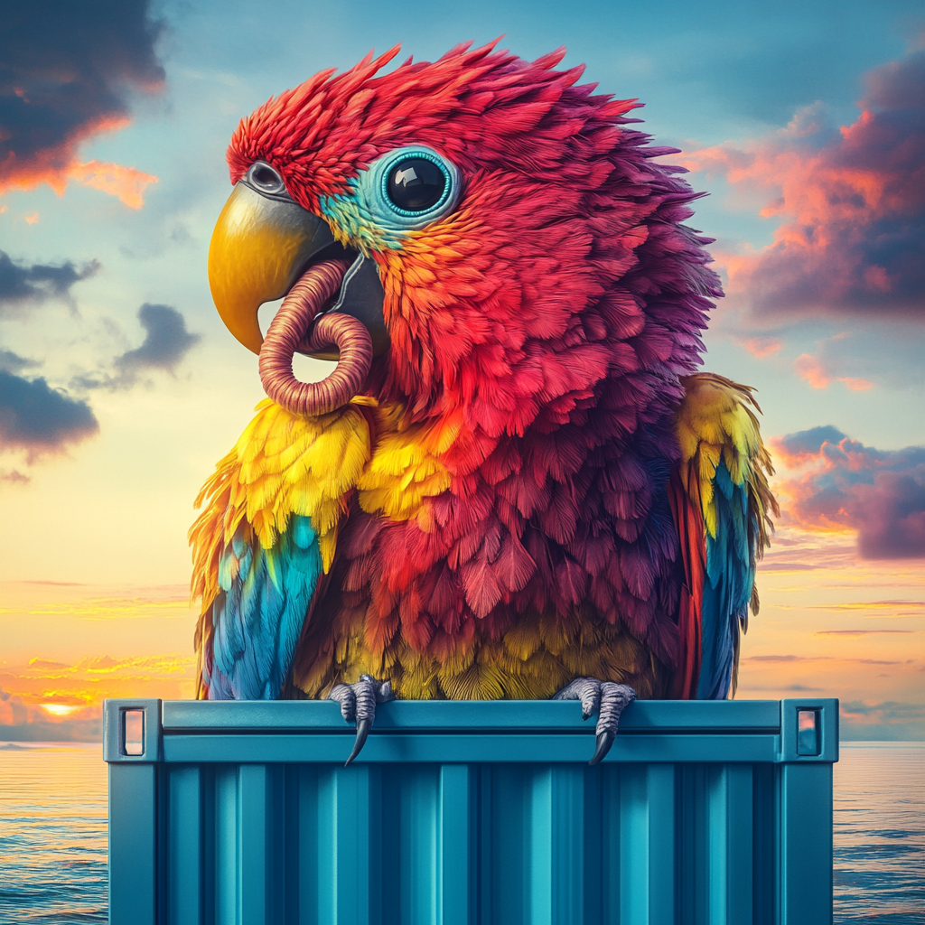 Colorful bird with worm on container with sunset background.