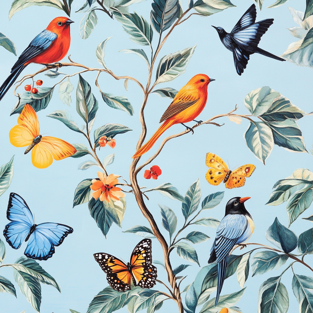 Colorful birds and butterflies among detailed leaves with blue sky.