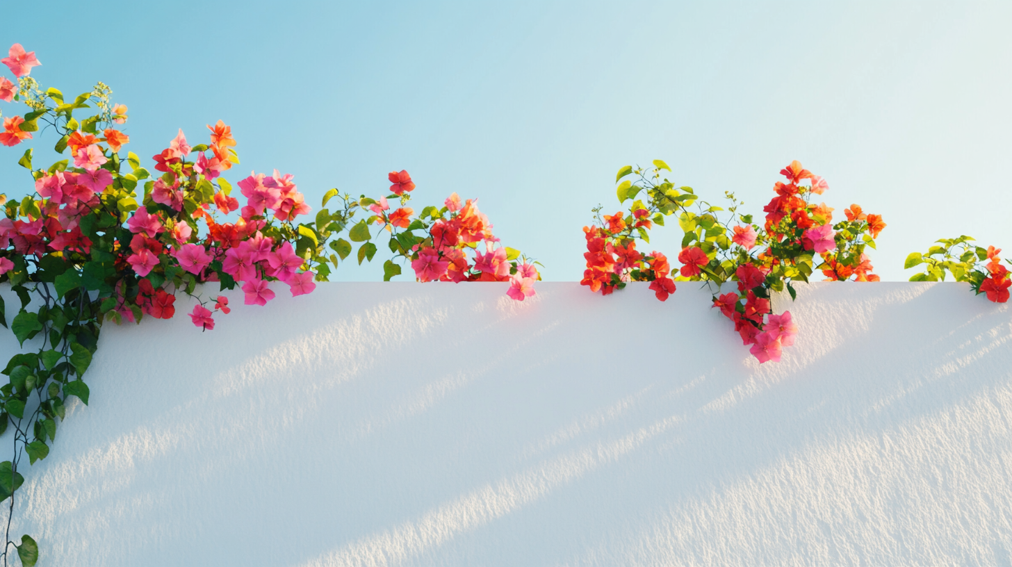 Colorful blossoms on white wall under azure sky