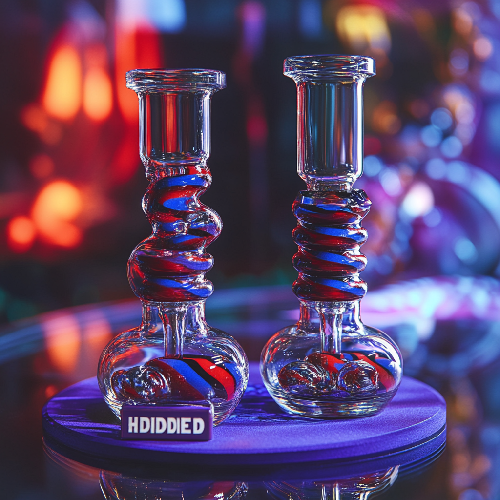 Colorful bongs on purple mat and glass table