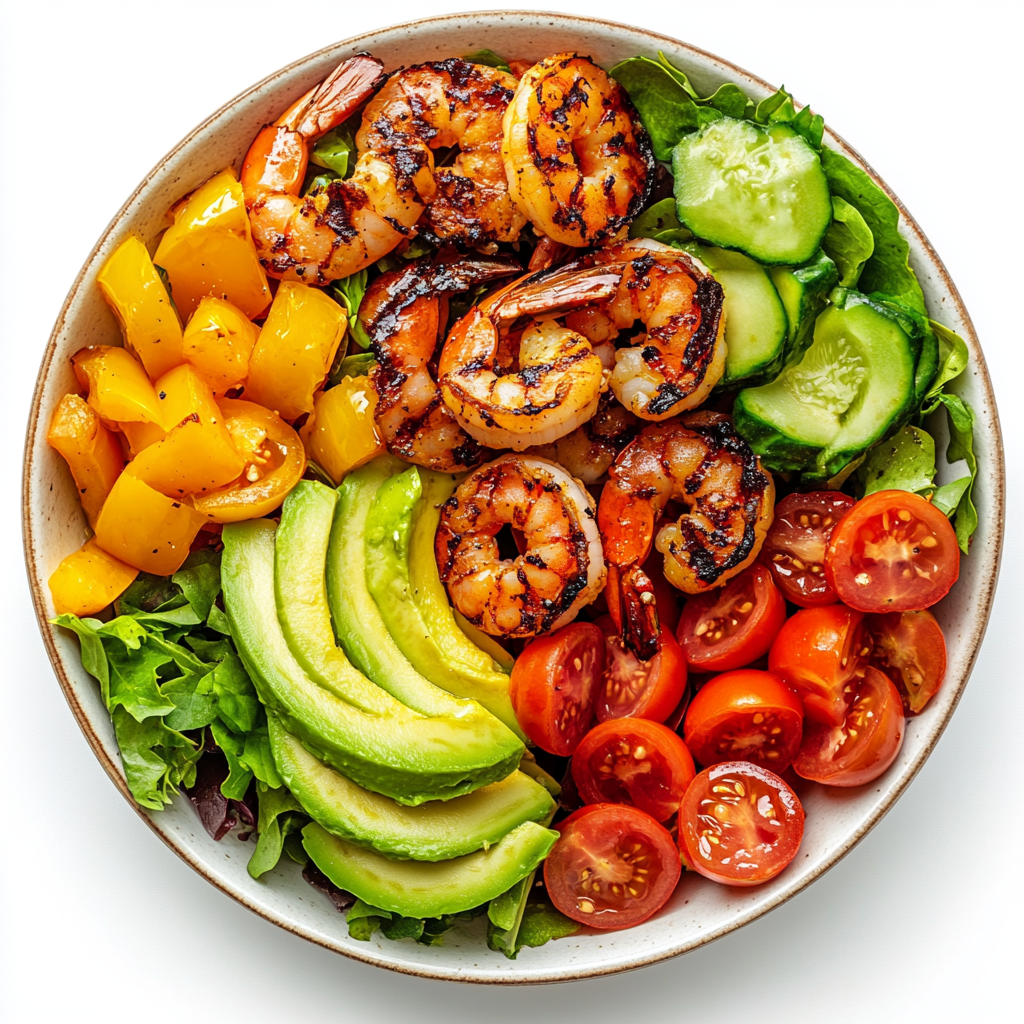 Colorful bowl of healthy grilled shrimp and vegetables