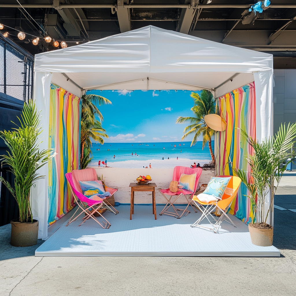 Colorful cabana and surfboards in tent photo op