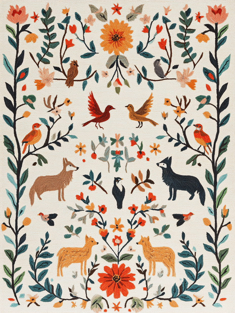 Colorful carpet with animals, flowers, and vines