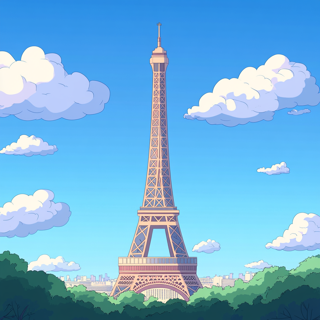 Colorful cartoon Eiffel Tower in Paris with clouds