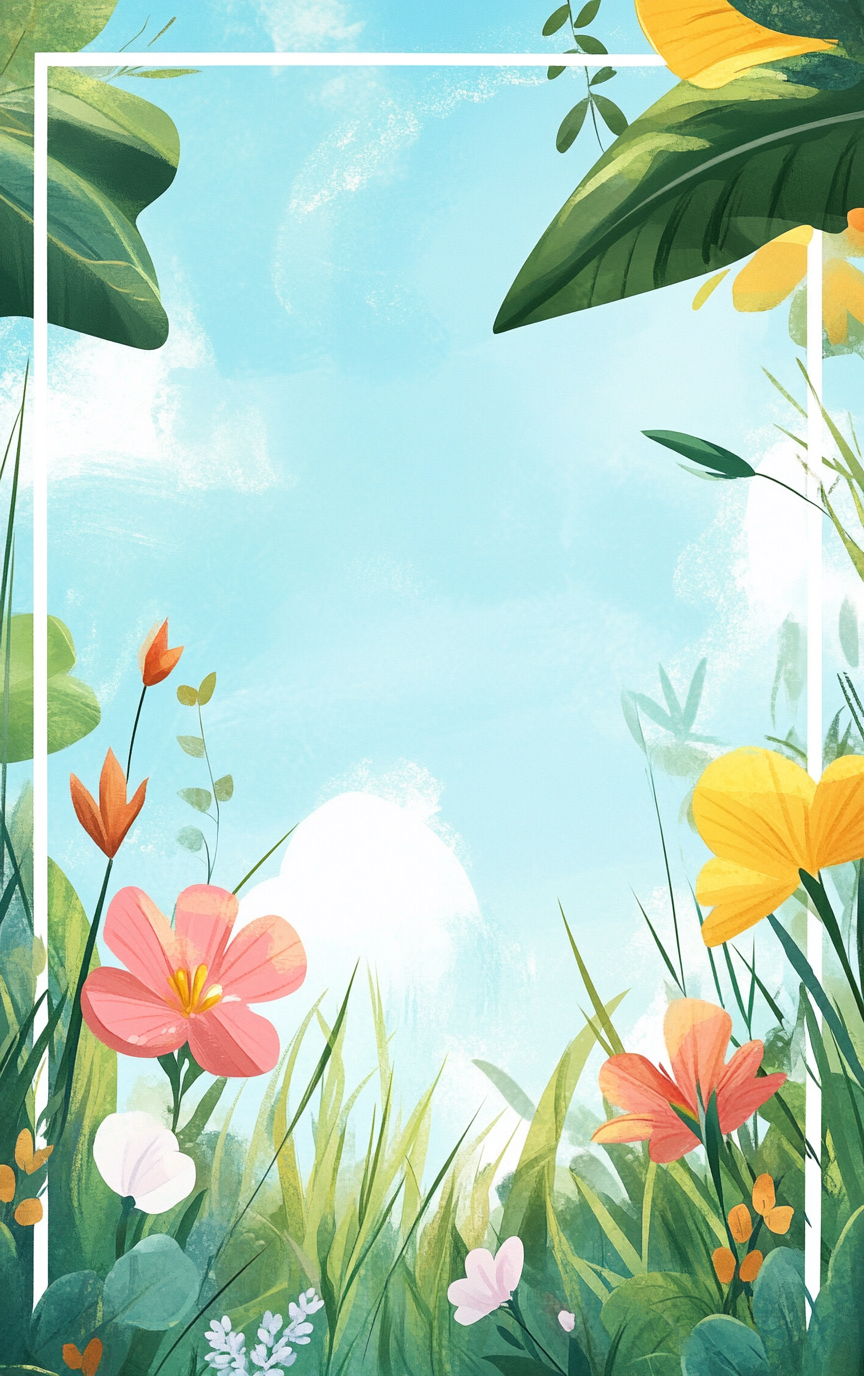 Colorful cartoon garden with flowers under sky