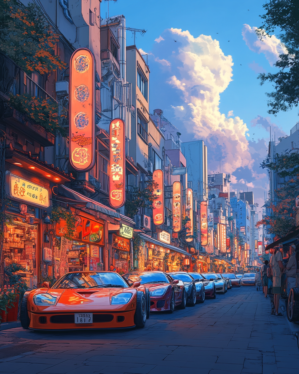 Colorful cartoon illustration of sports cars parked outside.