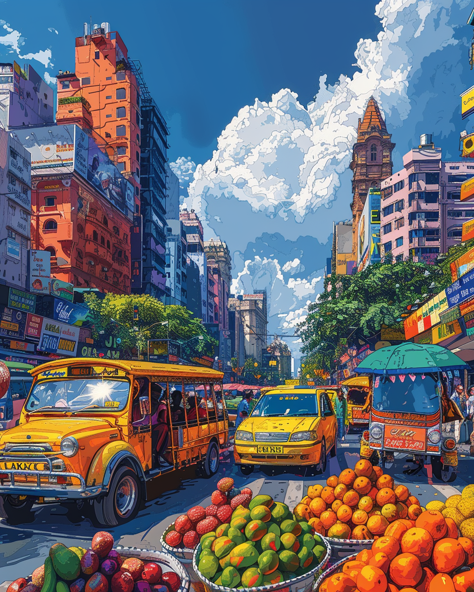 Colorful cartoon of busy Mumbai street with rickshaws, vendors.