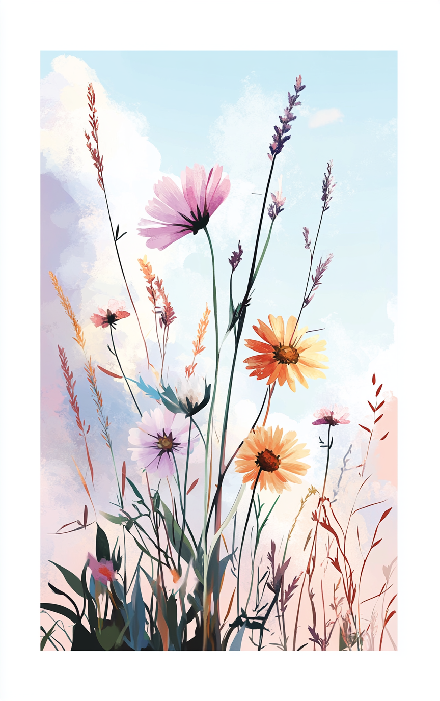 Colorful cartoon style drawing of flowers and grass