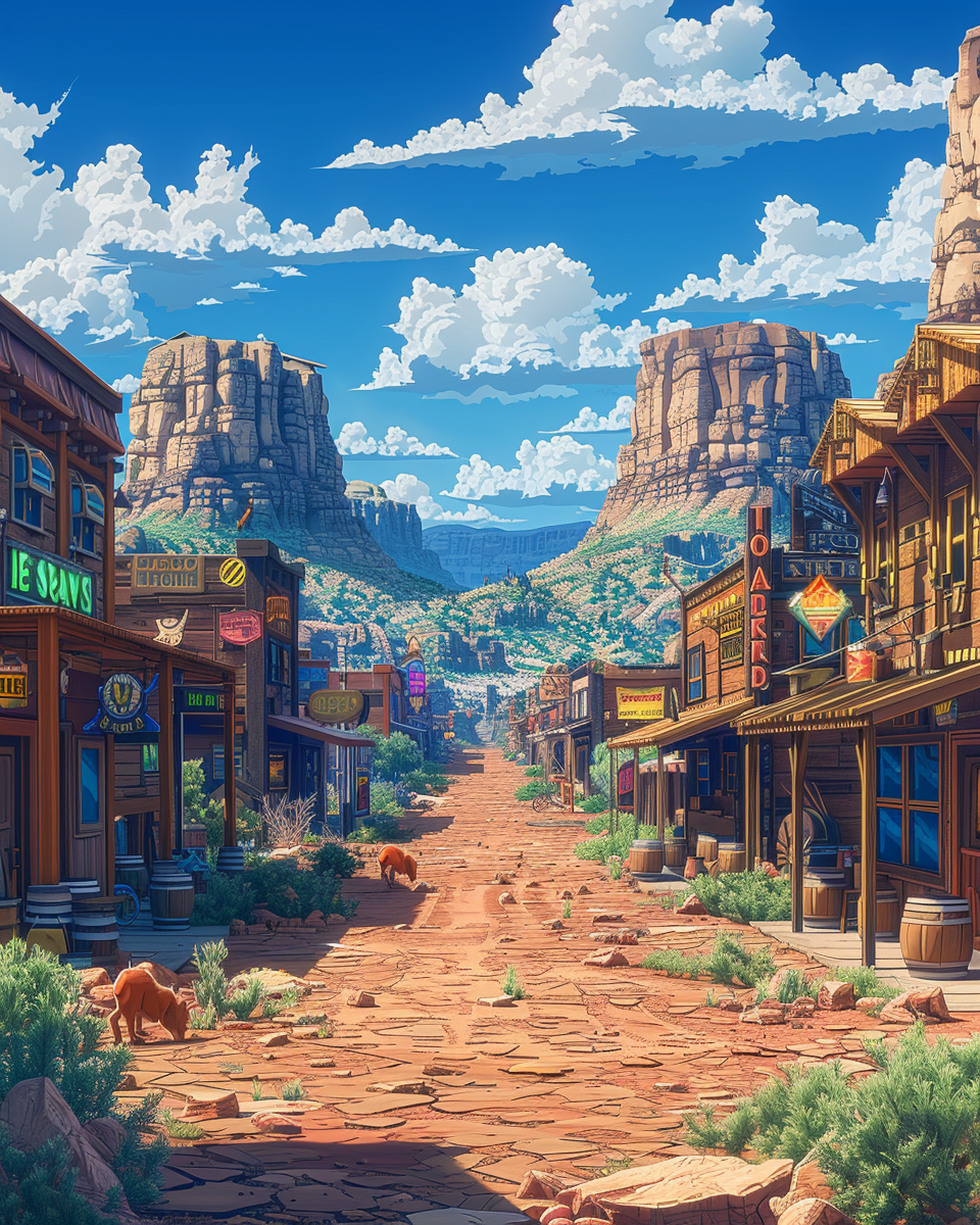 Colorful cartoon style illustration of high-tech western town.