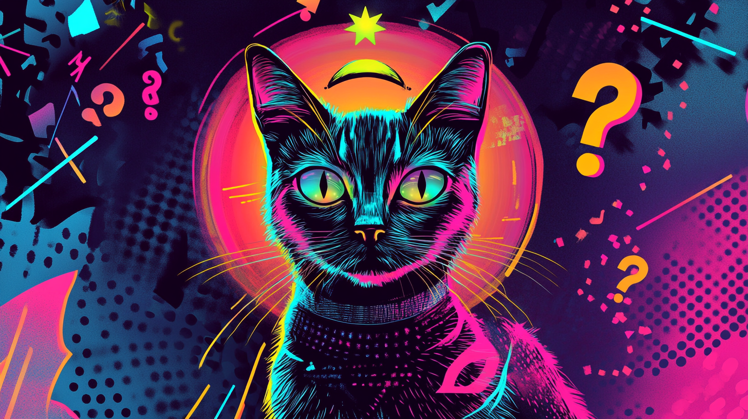 Colorful cat Bodhisattva with neon halo in surreal setting