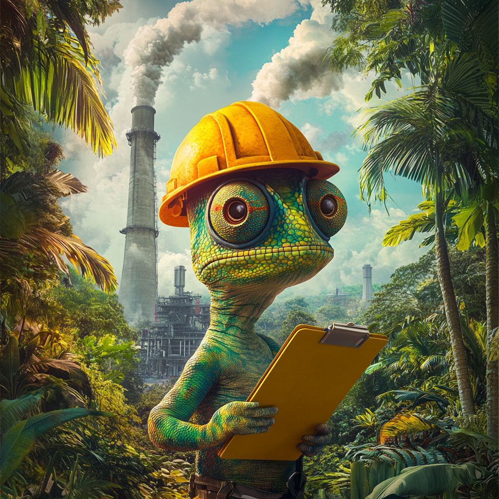 Colorful chameleon in hard hat at nuclear power plant