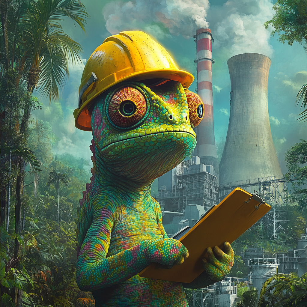 Colorful chameleon with hard hat at nuclear power plant.