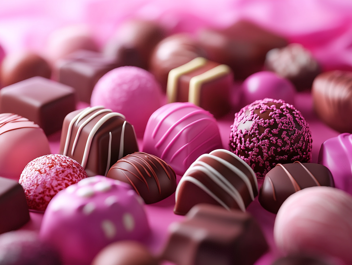 Colorful chocolates on pink background