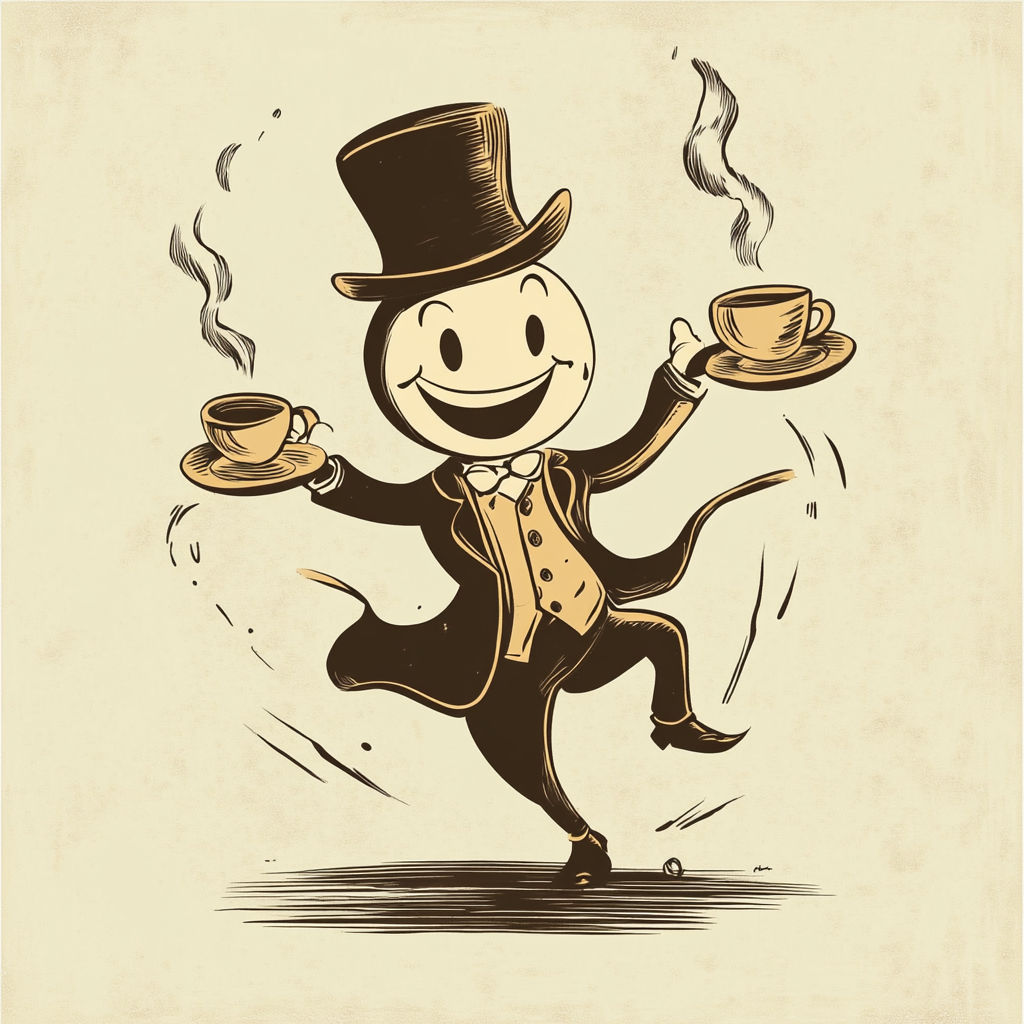 Colorful coffee character dancing with steam around him.